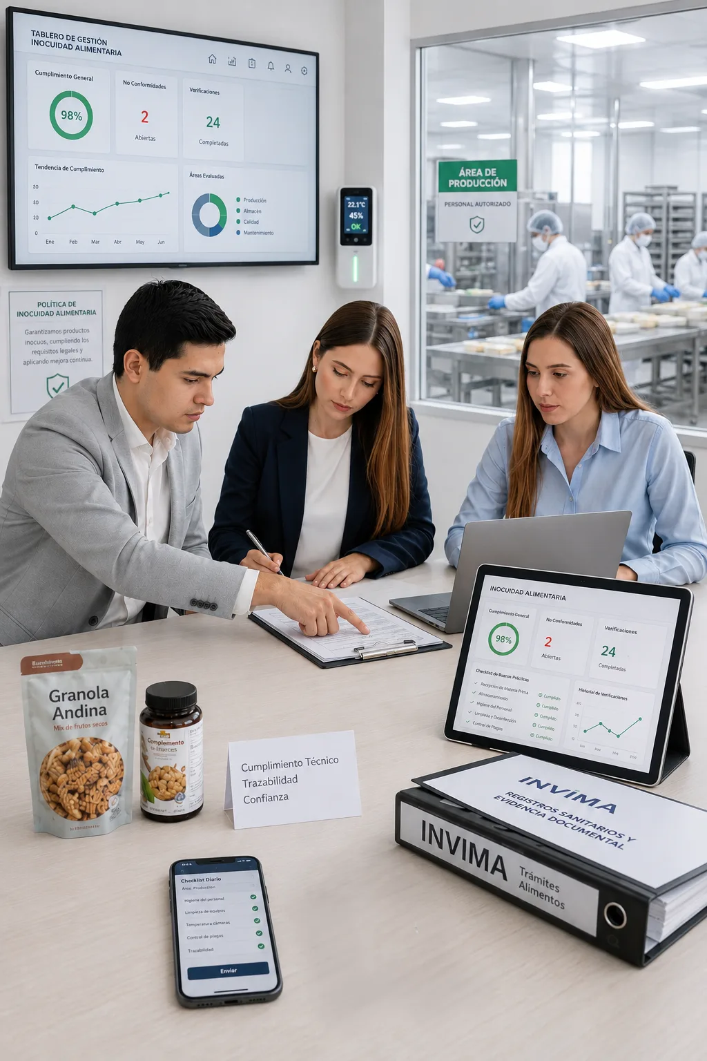 Equipo técnico revisando documentación y cumplimiento sanitario en entorno alimentario